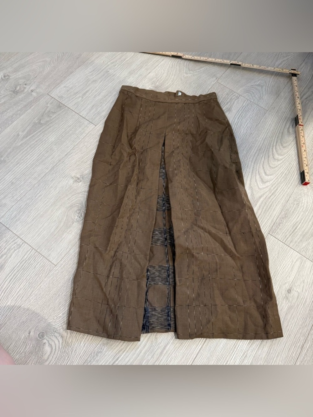 Brown Paneled Midi Skirt with Front Slit and Textured Inset